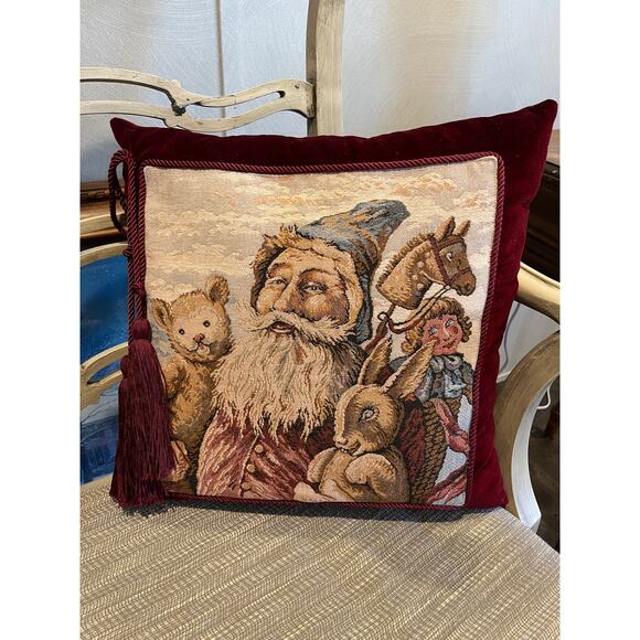 Vintage Santa Tapestry Pillow Tassel Velvet Christmas - Picture 1 of 3